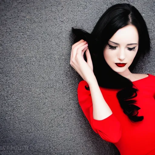 Prompt: Beautiful woman in a black and red dress, long black hair, professional photography