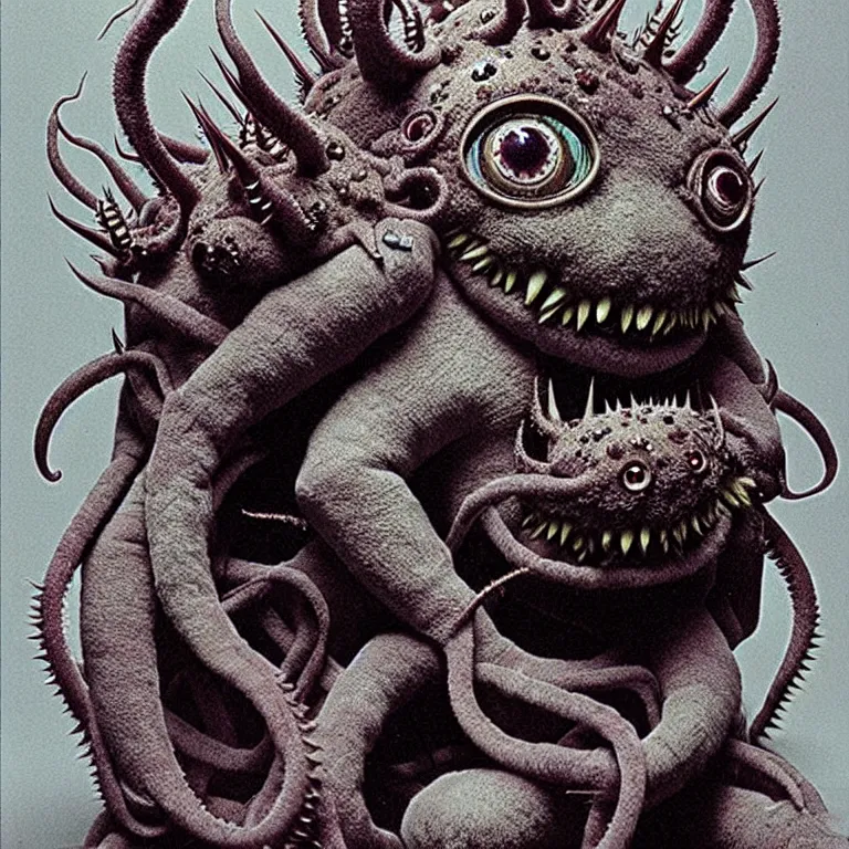 Image similar to photo of cute plush fluffy chibi monster with spikes, tentacles and many eyes. jpeg compression artifacts, strong compression artifacts. made by giger, wayne barlowe, dariusz zawadzki, zdzislaw beksinski