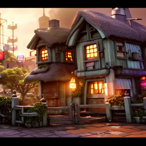 Image similar to high quality 3 d render very cute cyborg cottage! incorporated speakers!, cyberpunk highly detailed, unreal engine cinematic smooth, in the style of blade runner & detective pikachu, hannah yata charlie immer, moody light, low angle, uhd 8 k, sharp focus