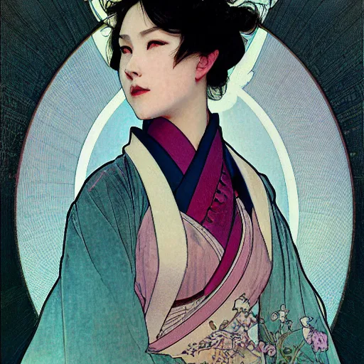 Image similar to portrait of pink short haired samurai girl with a coat and bandages on chest, by wlop and ross tran alphonse mucha