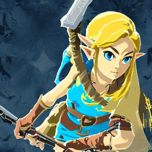 Image similar to zelda from breath of the wild holding a gun