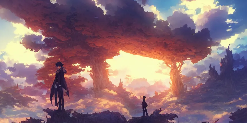 Image similar to isekai masterpiece anime man standing tree log looking up at giant crystals, high noon, cinematic, very warm colors, intense shadows, ominous clouds, anime illustration, anime screenshot composite background by mandy jurgens, by irina french, by rachel walpole, by alyn spiller