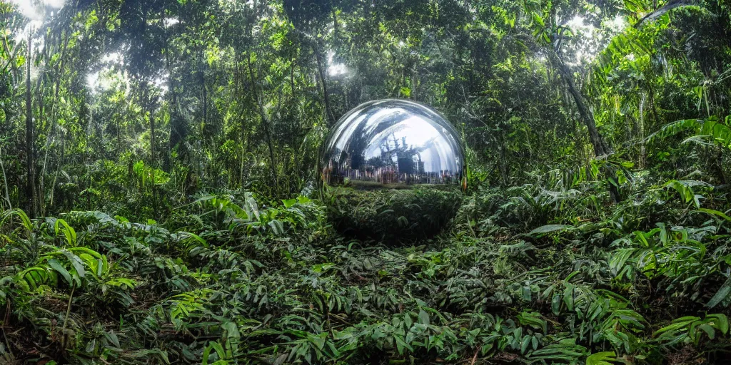 Prompt: photo of a chrome blob deep in the amazon jungle, wide shot