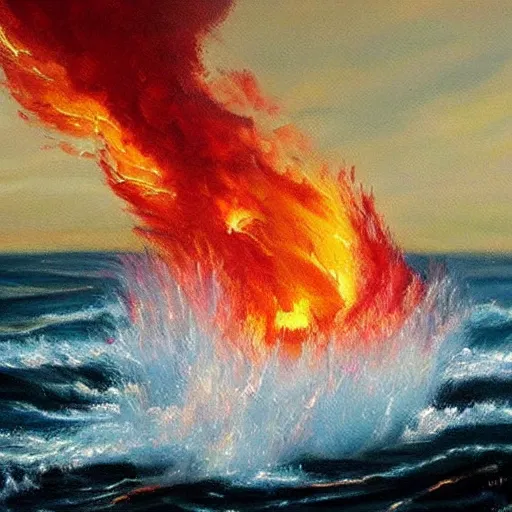 Prompt: Beautiful oil painting. Fire tornado in the open ocean. Raging sea. Catastrophe. Small sailboat. Crimson tones, Scarlet tones.