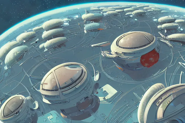 Image similar to a scifi illustration, hyper detailed external view of a space colony. aerial view. establishing shot. epic composition. flat colors, limited palette in FANTASTIC PLANET La planète sauvage animation by René Laloux