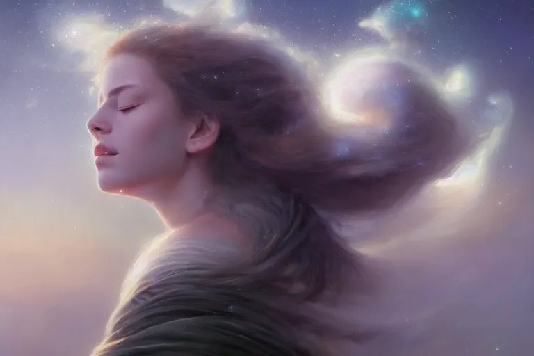 Prompt: a beautiful portrait of a cloud goddess with numerous tiny birds flying in the background and closed eyes, galaxy theme colors, galaxy theme colors, ultra realistic digital art by Greg Rutkowski and Raymond Swanland, Trending on Artstation, ultra realistic digital art, ultra realistic digital art