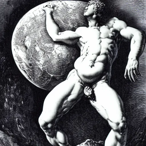 Image similar to a painting by Gustave Doré of atlas holding the earth on his back