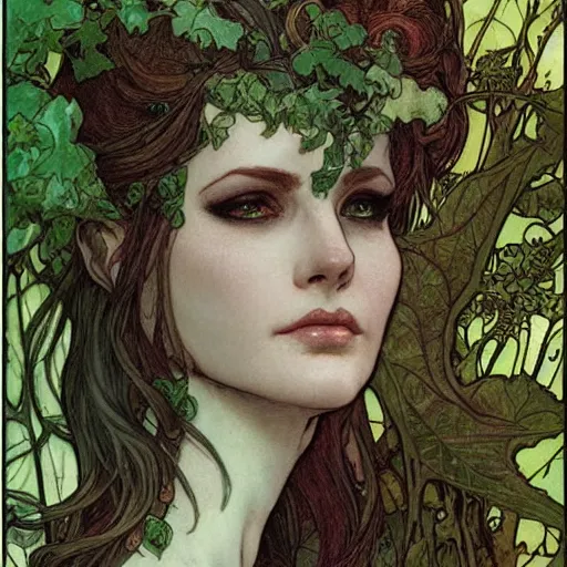 Prompt: a beautiful and detailed magic the gathering card of a seductive poison ivy as an elf druid, dark eyeliner, intricate, elegant, highly detailed, digital painting, artstation, concept art, matte, sharp focus, illustration, art by rebecca guay and by arthur rackham and by alphonse mucha and by john william waterhouse