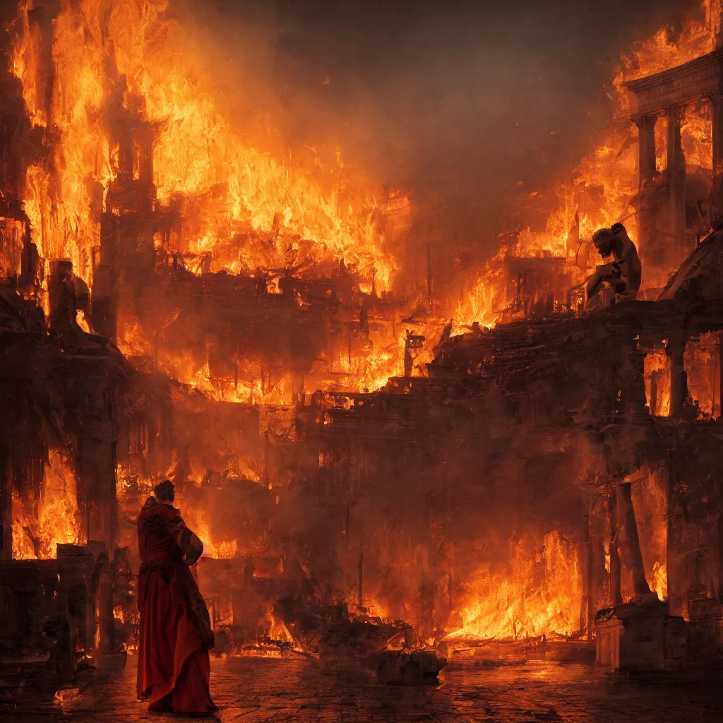 Image similar to painting of emperor nero watching the the great fire of rome, abstract, realism, 8 k, detailed, terror, octane render, complex emotion, glow, orange, beautiful, cinematic