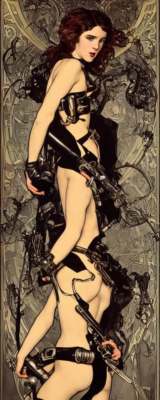 Image similar to striking sensual industrial art nouveau style portrait of kitty pryde as an ironpunk black metal rebel soldier by micgael kaluta, simon bisley and alphonse mucha, photorealism, extremely hyperdetailed, perfect symmetrical facial features, perfect anatomy, ornate declotage, weapon, latex, excited expression, wild eyes