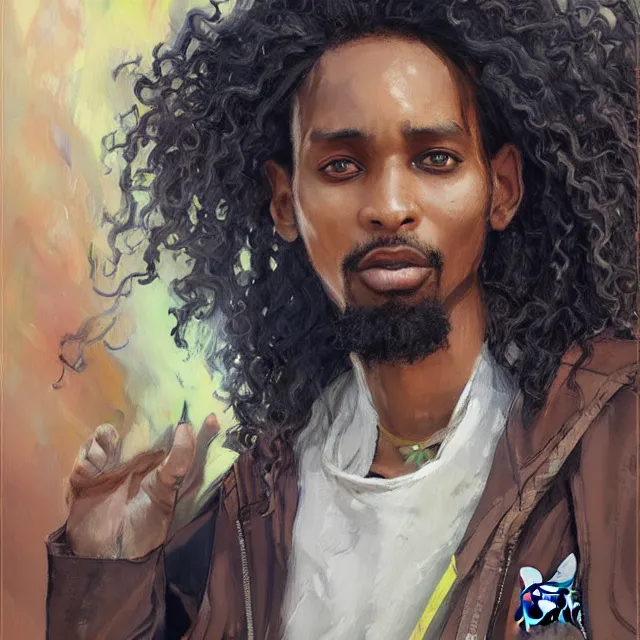 Image similar to a somali man with long curly hair, wearing adidas clothing, anime style, portrait, elegant, intricate, digital painting, artstation, concept art, smooth, sharp focus, illustration, art by konstantin korovin and daniel f. gerhartz and john howe