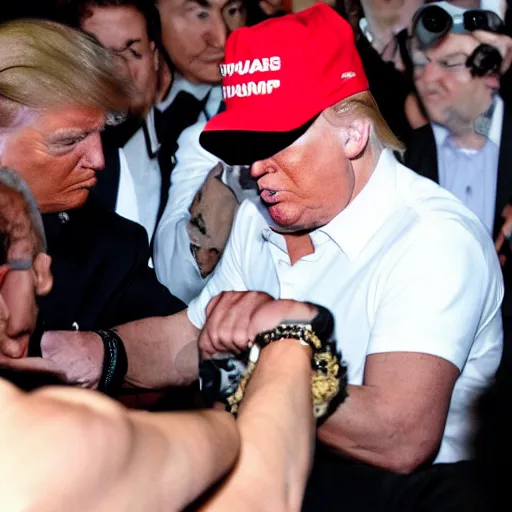 Image similar to Donald Trump arm wrestling a baby, paparazzi