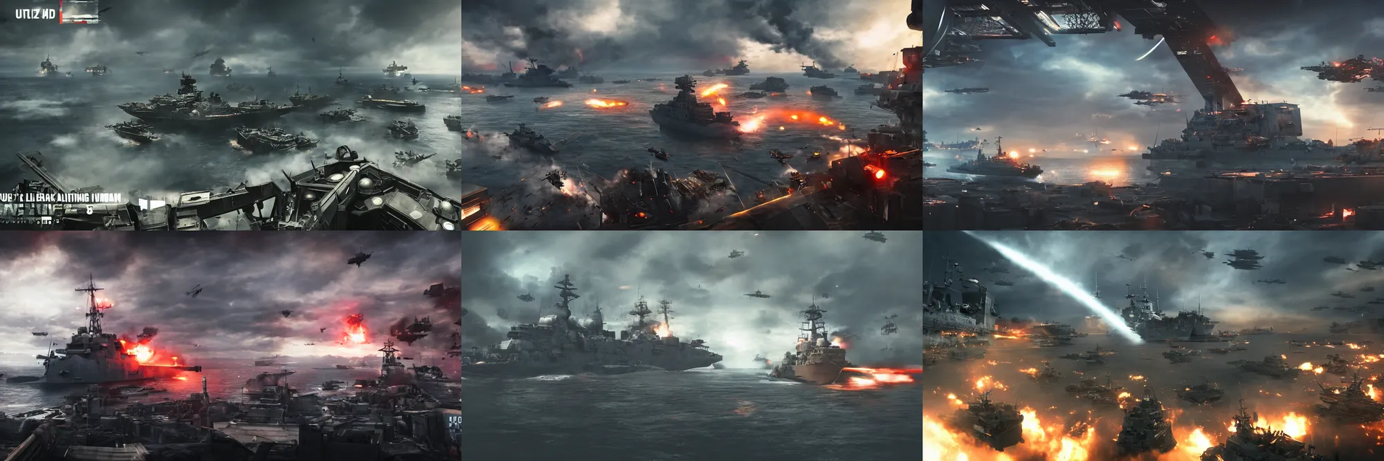 Prompt: ultrawide shot from building watching ww2 battle ship fight aliens, cinematic, epic lighting, cyberpunk