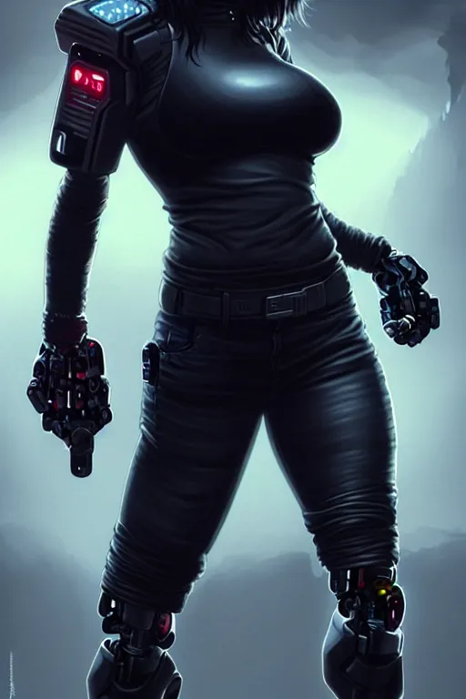 Image similar to gina carano with robotic left arm, casual black clothing, muscular, realistic proportions, casual pose, large portrait, cyberpunk, shadowrun, rpg character, digital painting, artstation, concept art, smooth, 8 k frostbite 3 engine, ultra detailed, art by artgerm and greg rutkowski and magali villeneuve