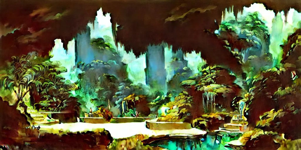 Image similar to a tropical cave that renovate as a luxury interior by syd mead, frank frazetta, ken kelly, simon bisley, richard corben, william - adolphe bouguereau