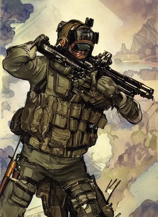 Image similar to Dinah. USN blackops operator emerging from river near shipyard. Agent wearing Futuristic stealth suit. rb6s, MGS, and splinter cell Concept art by James Gurney, Alphonso Mucha. Vivid color scheme.