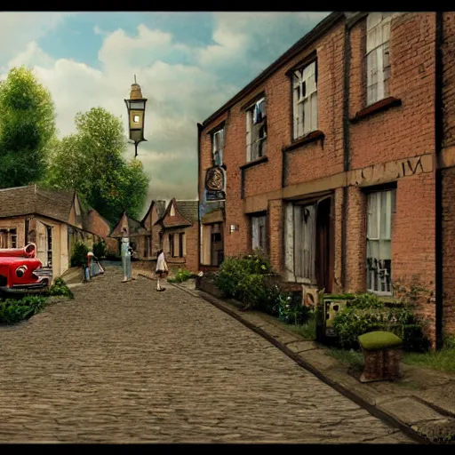 Prompt: digital matte glossy painting nostalgic 1 9 5 0 s british village, detailed in the style of trevor mitchell