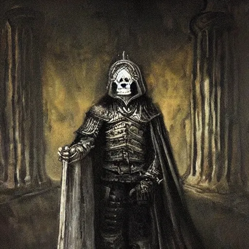 Prompt: “portrait of the lich king in a gothic hall, grim realistic fantasy painting, Rembrandt”
