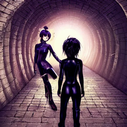 Image similar to a boy victim being intimidated by a succubus in a leather suit, devi wings, cracked brick wall, long hallway, light at the end of the tunnel, volumetric lighting, concept art, detailed, dramatic lighting, by hayao miyazaki