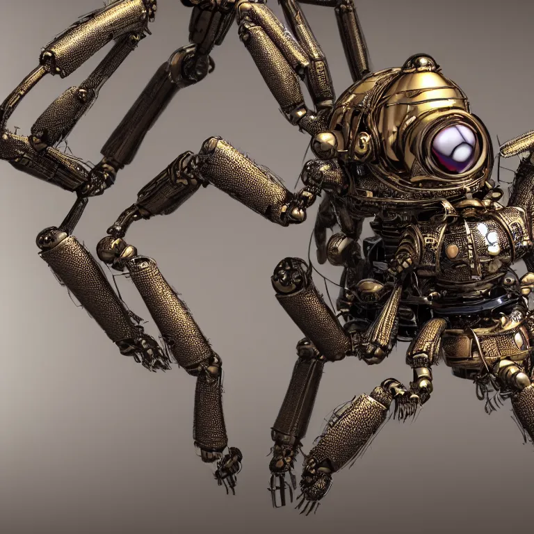 Image similar to a close up of an beautiful steampunk robotic spider inspired, unreal engine realistic render, high detailed face, photorealism, golden ratio, hyper - realistic 3 d, insanely super detailed, realistic octane render, 1 6 k, fashion photography, micro detail, backlit lighting, face in focus, subsurface scattering, thin porcelain