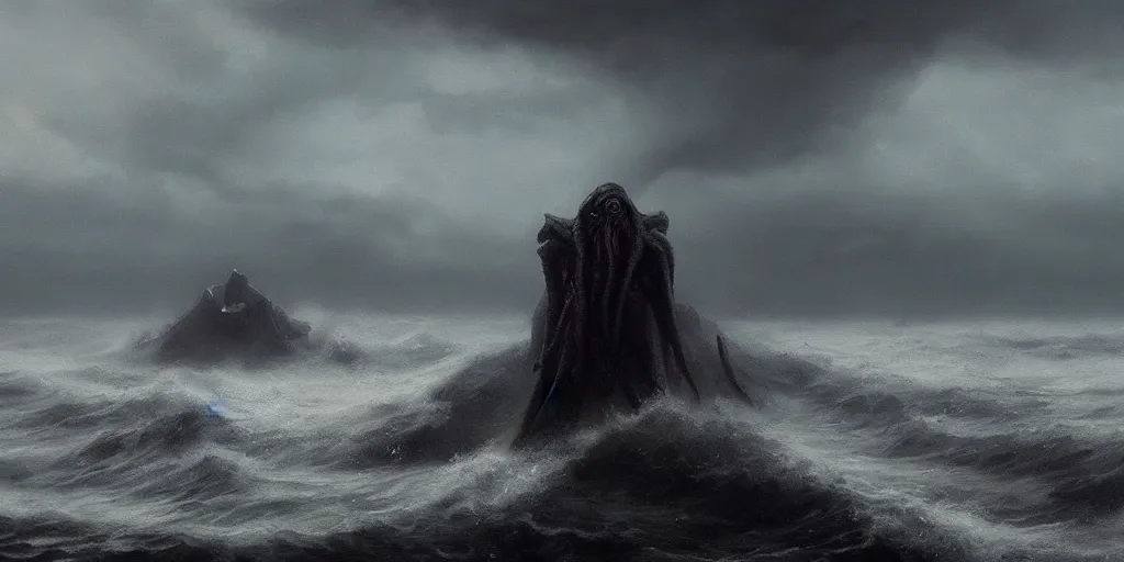 Image similar to cthulhu rising out of the ocean, hyper realistic oil painting, dark, moody cinematic lighting, creepy, fog, storm clouds, by greg rutkowski, trending on artstation