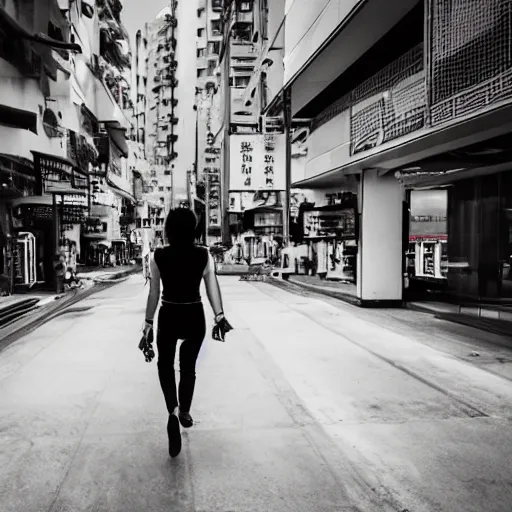 Prompt: a velociraptor walking through kowloon, hong kong. sunbeams, cinematic shot