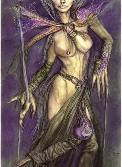 Prompt: portrait of lithe female sorceress of the fey, beautiful! coherent! dungeons and dragons character, by brian froud, strong line, night color, high contrast