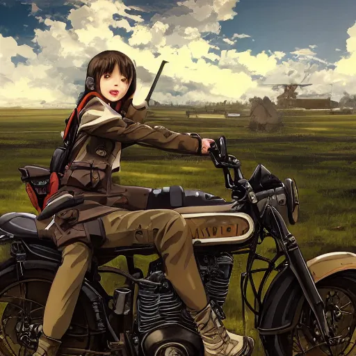 Image similar to anime style, panoramic view, a girl riding a motorbike, vintage, soldier clothing, battlefield in background, hair down, symmetrical facial features, realistic hands, from arknights, hyper realistic, 4 k, extreme detail, trending artstation, safebooru, realistic lighting, by alphonse mucha, greg rutkowski, sharp focus