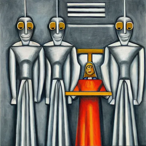 Prompt: three brutalist giant sacred robots visage, portrait, judge, guards, cathedral, dystopian, pj crook, edward hopper, oil on canvas