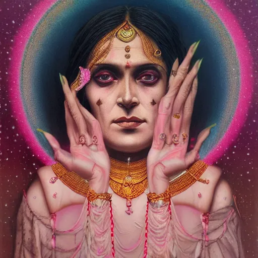 Image similar to old Indian majestic lady, looking upwards with hands clasped, despair, pink and gold, mystic, by Anato Finnstark, Tom Bagshaw, Brom