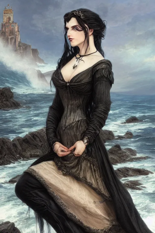 Prompt: a hyperdetailed matte painting of yennefer as a goth princess floating in front of a tower, dressed in a contemporary t shirt and jeans from hot topic, overlooking cliffs and crashing waves in the background, highly detailed, deep focus, elegant, digital painting, sharp focus, ultra realistic, 8 k, art by greg rutkowski and rembrandt and alphonse mucha