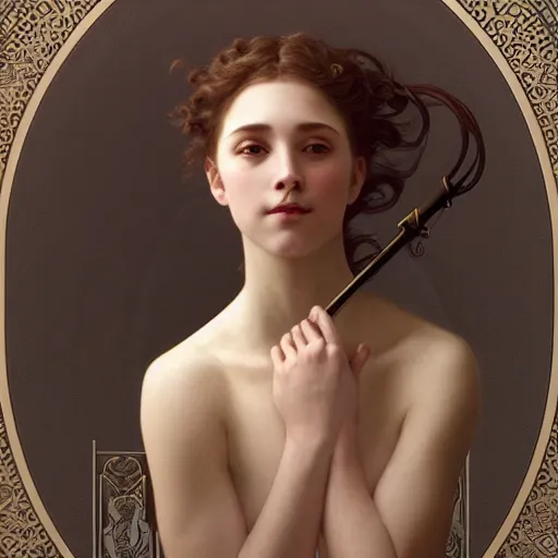 Prompt: portrait of a maiden on the river styx, top view, intricate, elegant, highly detailed, digital painting, artstation, concept art, smooth, sharp focus, illustration, art by artgerm and greg rutkowski and alphonse mucha and william - adolphe bouguereau