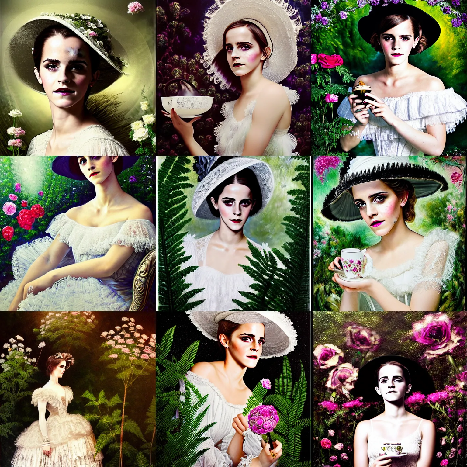 Prompt: full body model emma watson smokey eyes makeup eye shadow textured film grain oil on canvas fantasy, glow, shimmer as victorian woman in a long white frilly lace dress and a large white hat having tea in a sunroom filled with flowers, roses and lush fern flowers ,intricate, night, highly detailed, dramatic lighting , high quality