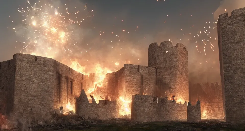 Image similar to tribuchets fireing on a medieval fortress, destroying the walls, fire and explosion, debris flying around, octane render, unreal engine