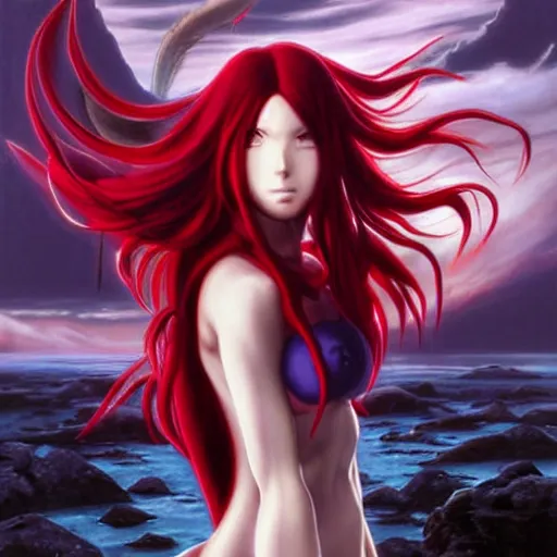 Prompt: Japanese animation of Erza Scarlet, half body portrait, long flowing red hair, standing in a fantasy environment, realistic oil painting by Thomas Cole and Wayne Barlowe.