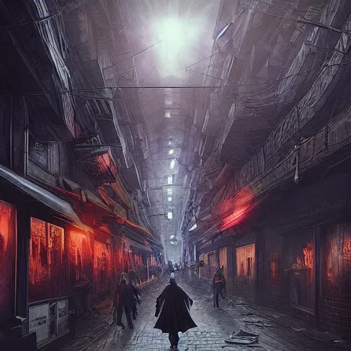 Image similar to “a creepy criminal magic city, similar to Knock Turn Alley, the sky is flayed like Doctor Strange, dinosaurs walking on street, D&D, fantasy, intricate, cinematic lighting, highly detailed, digital painting, artstation, concept art, smooth, sharp focus, illustration, art by Artgerm and Greg Rutkowski and Alphonse Mucha”