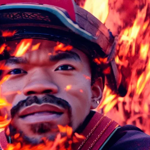 Image similar to cinematic film still of Chance The Rapper starring as a Samurai holding fire, Japanese CGI, VFX, 2022, 40mm lens, shallow depth of field, film photography