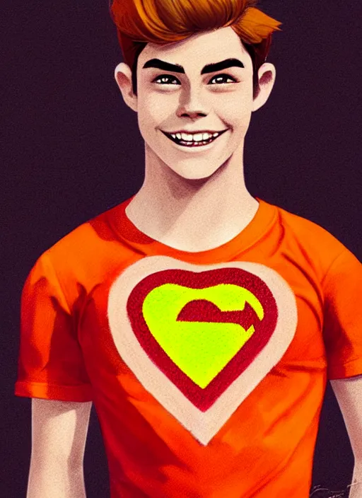 Image similar to friendly teenage archie andrews wearing an orange superhero costume with heart logo, freckles, superhero costume, heart emblem on chest, cape, intricate, elegant, glowing lights, highly detailed, digital painting, artstation, sharp focus, illustration, art by wlop, mars ravelo and greg rutkowski