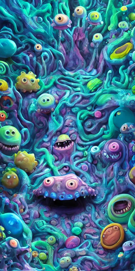 Image similar to of a colorful deep sea cave with strange cute friendly happy creatures with huge eyes, mouth, long tongue and round teeth appearing from sandy coral, in the style of gehry and gaudi, macro lens, shallow depth of field, ultra detailed, digital painting, trending artstation, concept art, illustration, cinematic lighting, photorealism, epic, octane render