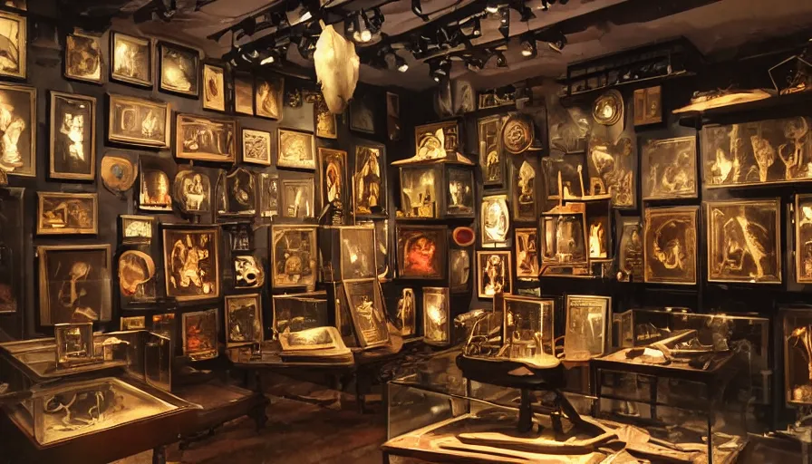 Image similar to museum of occult objects, cabinets, neon sign that says grw, witches, dark, realistic, intimidating