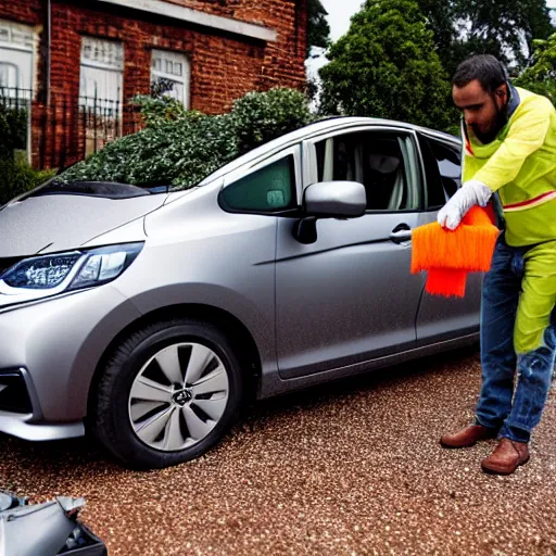 Prompt: a man made entirely of baked beans cleaning a honda jazz in the driveway overcast weather