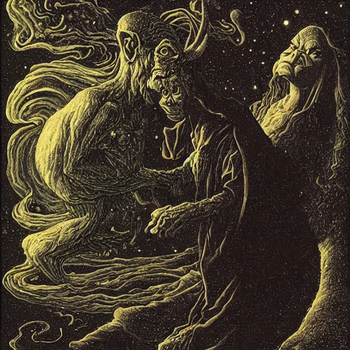 Image similar to a goblin monster and a woman in a black cloak, in a nebula, by Robert Campin