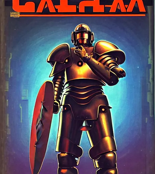 Prompt: a large cyberpunk paladin in rounded heavy plate armor with large shoulder pads and a spartan helmet and a very large circle shield he is holding a large spear in a cyberpunk setting, 1 9 2 9 omni magazine cover, style by vincent di fate, artgerm, cyberpunk 2 0 7 7, very coherent, detailed, 8 k resolution, unreal engine, daz