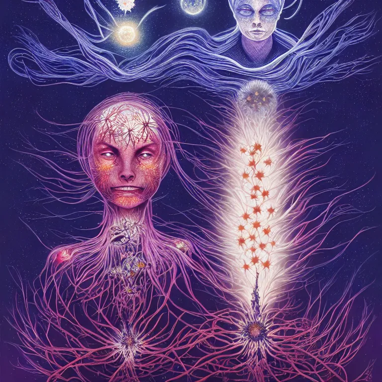 Prompt: stars of spirit, by peter rohrabacher annatto finnstark : flowers of purity, future heaven plants by leiko ikemura, and ilya kuvshinov | sparkling atom fractules of skulls and mechs deep under the spine cords, by alex grey and hr giger