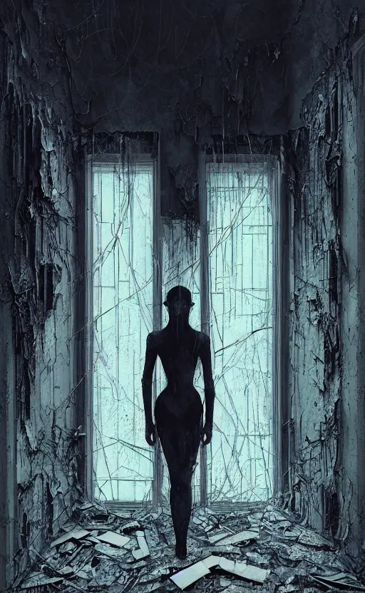 Prompt: vertical movie frame portrait of girl inside abandoned bedroom, ominous backrooms at distance seen through big broken shattered window, giger interior design, architectural design, vintage, liminal aesthetic, dreamcore, weirdcore, clean lines, wide angle, by wayne barlowe, tsutomu nihei, zdzislaw beksinski,