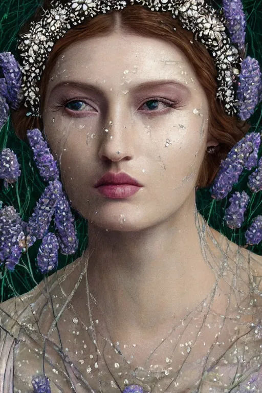 Image similar to hyperrealism close - up mythological portrait of a exquisite medieval woman's shattered face partially made of lavender flowers in style of art deco, wearing silver silk robe, dark palette