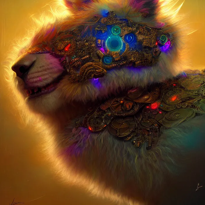 Image similar to psychedelic fluffy furry animal cyborg, diffuse lighting, fantasy, intricate, elegant, highly detailed, lifelike, photorealistic, digital painting, artstation, illustration, concept art, smooth, sharp focus, art by John Collier and Albert Aublet and Krenz Cushart and Artem Demura and Alphonse Mucha