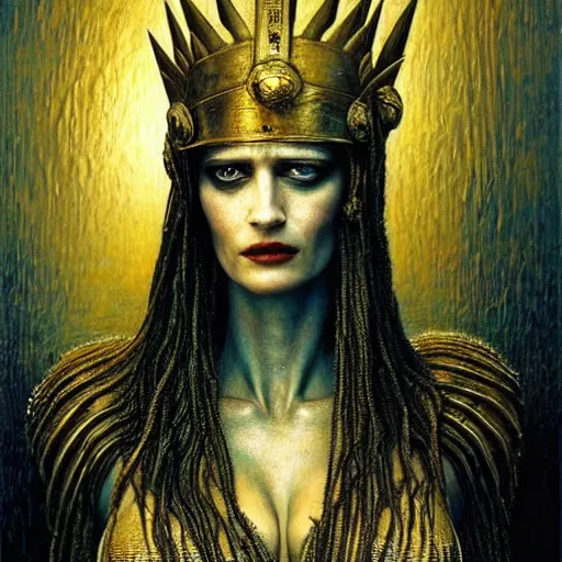 Prompt: eva green as warrior queen, atmospheric lighting, painted, intricate, golden and blue hour, ultra detailed by peter gric, giger, enki bilal