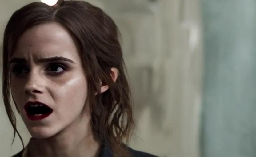 Prompt: Emma Watson becomes a vampire, screenshot from Morbius (2022), cinematic lighting, close-up