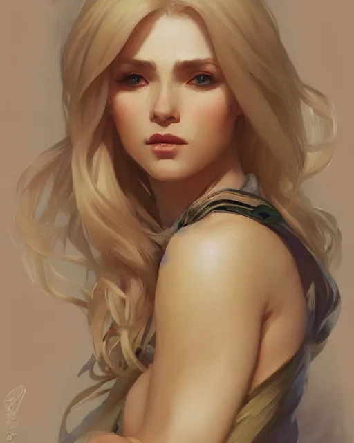 Image similar to '' Portrait of Beautiful blonde Slavic woman, league of legends, LOL, fantasy, d&d, digital painting, artstation, concept art, sharp focus, illustration, art by greg rutkowski and alphonse mucha ''